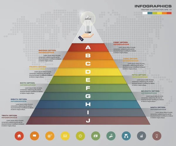 10 kroků pyramida s volným místem pro text na každé úrovni. Infografika, prezentace nebo reklama. — Stockový vektor