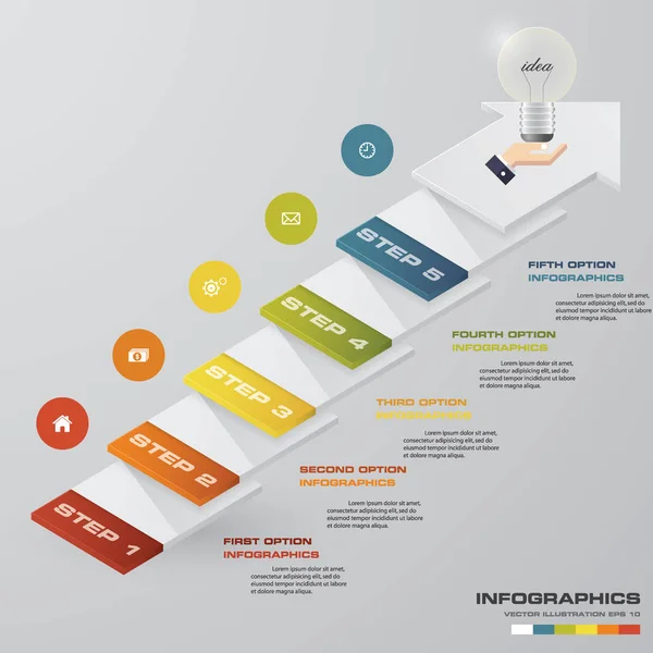 Modern 5 pas cu scări și infografice săgeată . — Vector de stoc