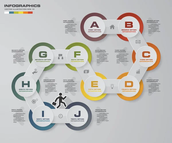 10 passos modelo de apresentação de infográficos. 10 passos com espaço para a sua amostra de texto e dados . — Vetor de Stock