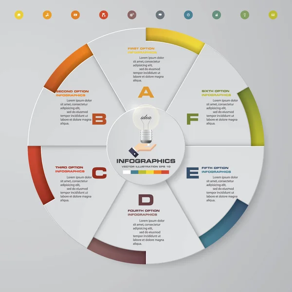 Abstracte 6 stappen moderne cirkeldiagram infographics elementen. Vectorillustratie. — Stockvector