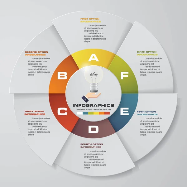 Infographic ontwerp sjabloon 6 opties cirkeldiagram en bedrijfsconcept. — Stockvector