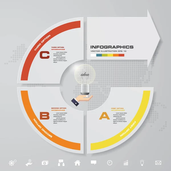 Moderna 3 steg med pilen infographic element med uppsättning av ikoner för presentation. — Stock vektor