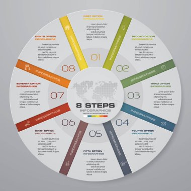 Soyut 8 adımlar modern pasta grafiği infographics öğeler. Vektör çizim.