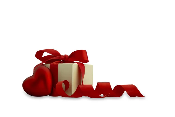 情人节礼物盒 白色背景上有红色蝴蝶结和红心 — 图库照片