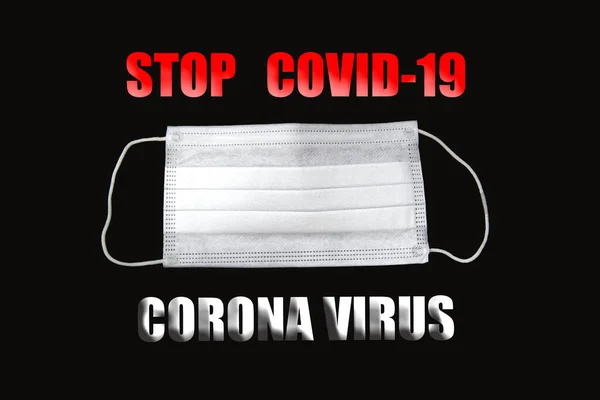 Λευκή Μάσκα Προσώπου Μαύρο Φόντο Text Stop Covid19 Και Corona — Φωτογραφία Αρχείου