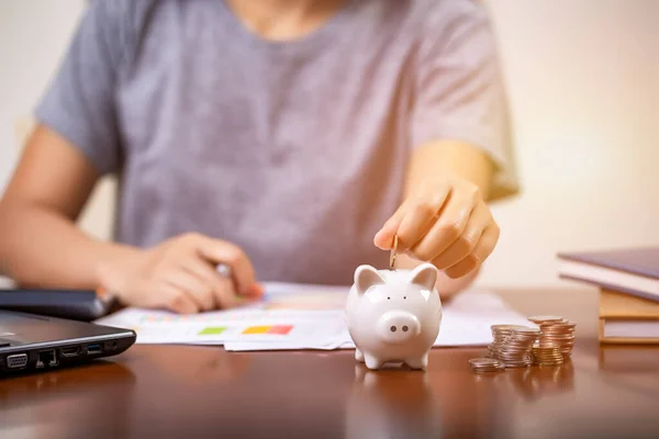 Female Hand Putting Money Piggy Bank Saving Money Write Finance — Stock Photo, Image