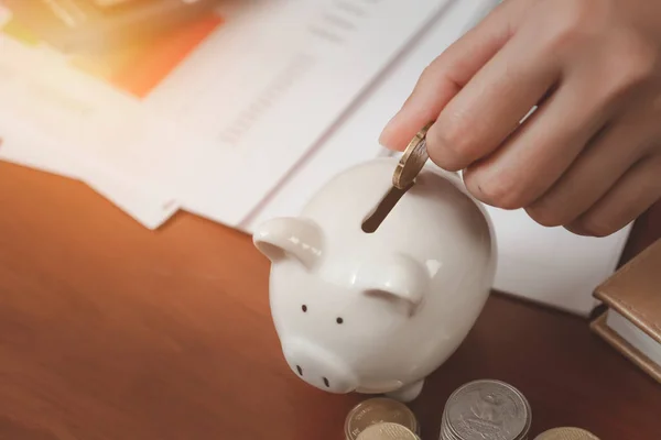 Female Hand Putting Money Piggy Bank Saving Money — Stock Photo, Image