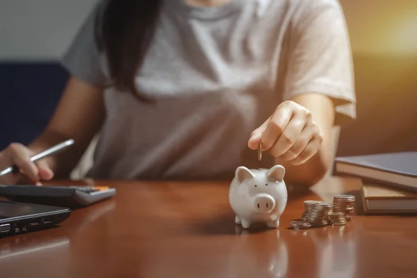 Female Hand Putting Money Piggy Bank Saving Money Write Finance — Stock Photo, Image