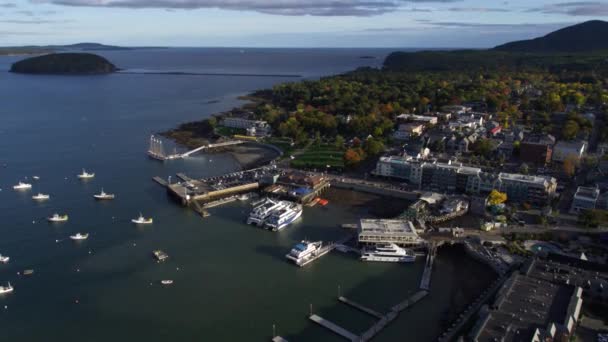 Bar Harbor Maine Town Harbour New England Village Airdrone — стоковое видео