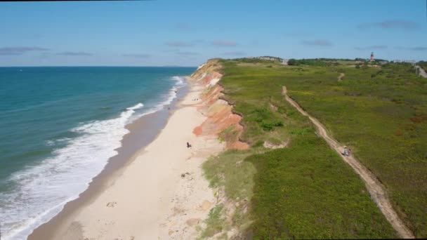 Pareja Sendero Largo Playa Océano Avión Tripulado Aéreo — Vídeo de stock