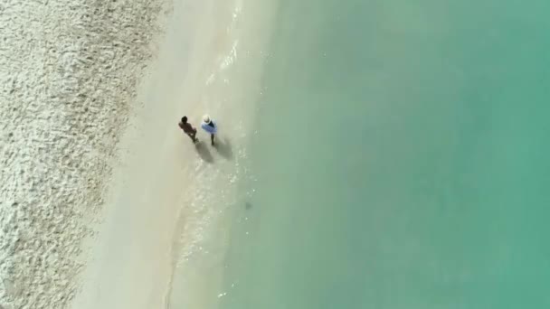 Pareja Camina Tropical Playa Olas Aéreo Drone Disparo — Vídeo de stock