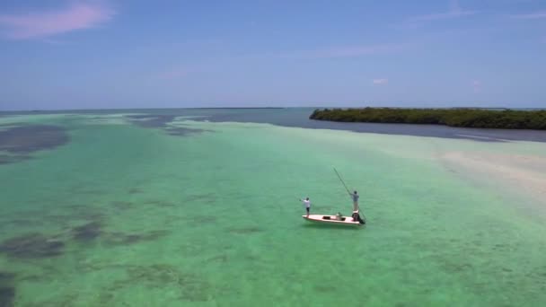 Drone View People Boat Fishing Clear Ocean — Stock Video