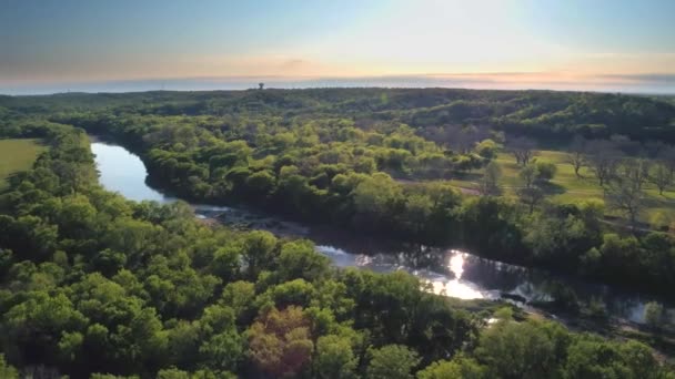 Vista Del Dron Del Río Reflectante Junto Árboles Montañas — Vídeos de Stock