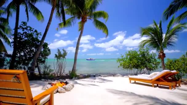 Beyaz Kumsalda Ateş Plaj Sandalyeleri — Stok video