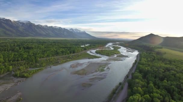 Magnifique Vue Sur Les Drones Des Montagnes Forêt Par Rivière — Video