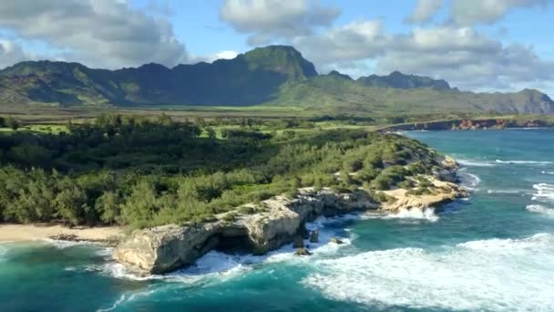 Kauai Coast Shipwreck Beach Hawaii Aerial Drone — стоковое видео