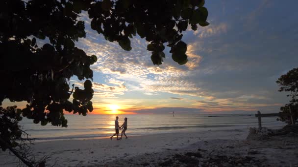 Pareja Casada Camina Playa Juntos Atardecer Cámara Lenta Luna Miel — Vídeo de stock