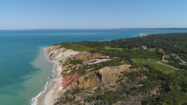 New England Coast Ocean Lighthouse Aerial Drone — Stock Video