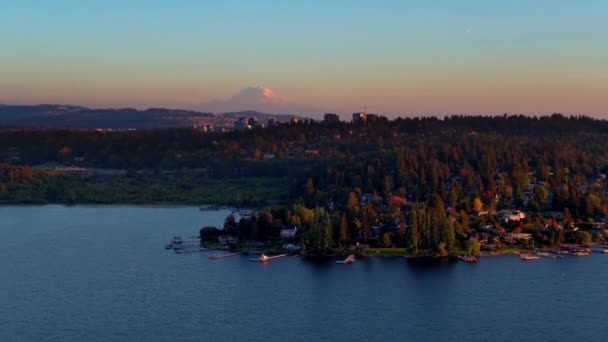 Quartier Seattle Avec Mont Pluvieux Arrière Plan Par Drone Aérien — Video