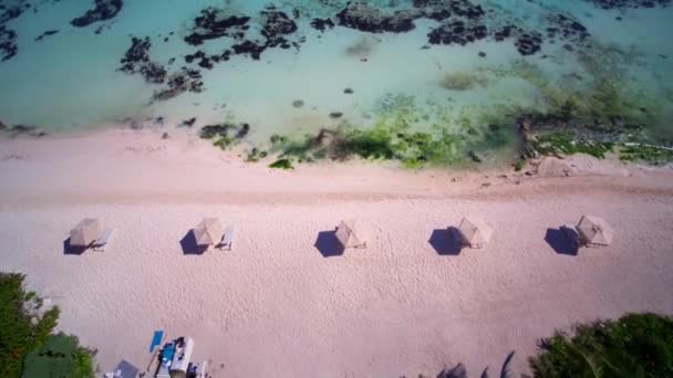 Paraplyer Uppradade Stranden Tulum Flygdrönare — Stockvideo