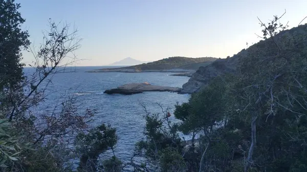 Encosta Rochosa Acima Mar Árvores Acima Encosta Mar Azul — Fotografia de Stock