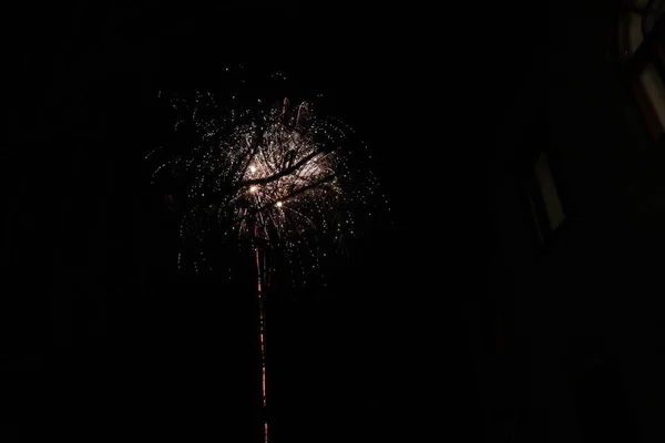 Fogos Artifício Céu Noturno Luzes Coloridas Escuro — Fotografia de Stock