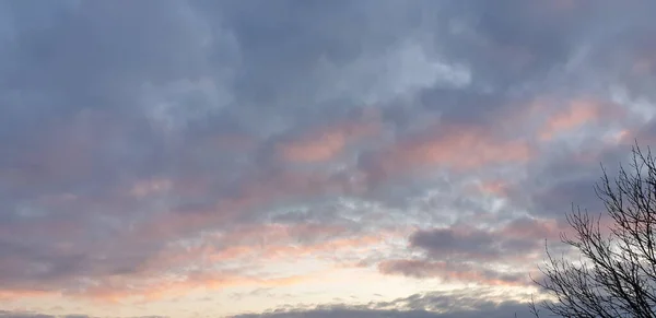 Nuvens Brancas Cinzentas Brilhantes Bonitas Céu Azul Rosa Sunrise Céu — Fotografia de Stock