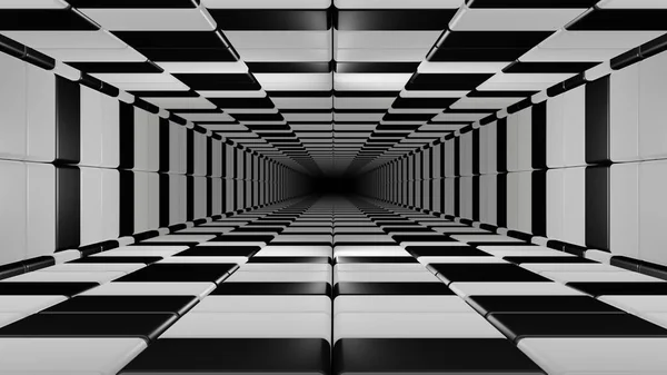 Tunnel à damier noir et blanc sans fin rendu 3d — Photo