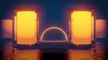 Fütürist bilim kurgu sütunları ve cam kubbe 3D çizimi.