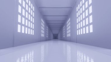 Parlak pencereli beyaz koridor 3d resimleme arkaplanı