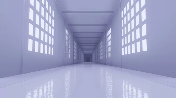 Белый коридор с яркими окнами 3D визуализации фона — стоковое фото