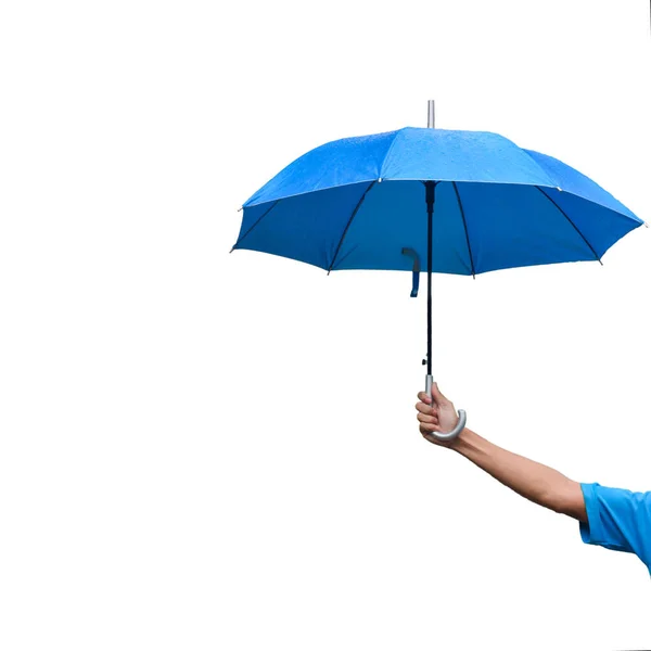 Мужская Рука Держащая Синий Зонтик Время Дождя — стоковое фото