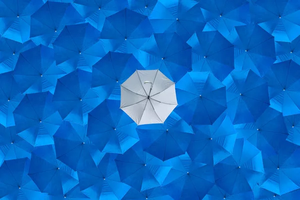 倾覆的灰色伞与蓝色伞不同 有不同的概念 商业概念 失败或错误 一个失败的人 从顶部看 — 图库照片