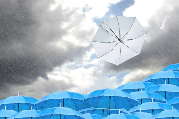 Guarda Chuva Branco Soprado Lado Fora Para Guarda Chuvas Azuis — Fotografia de Stock