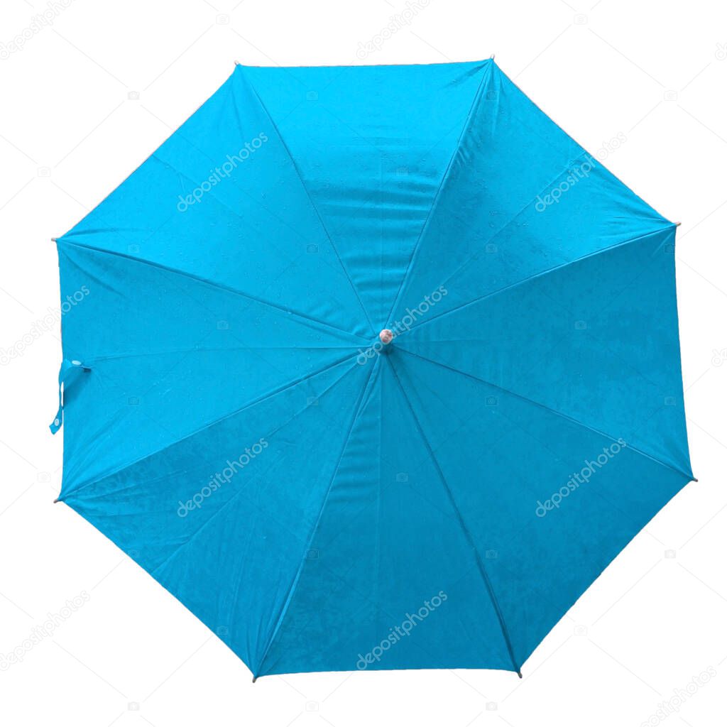 sky blue umbrella. isolated umbrella on white background. top view. image. umbrella with rain