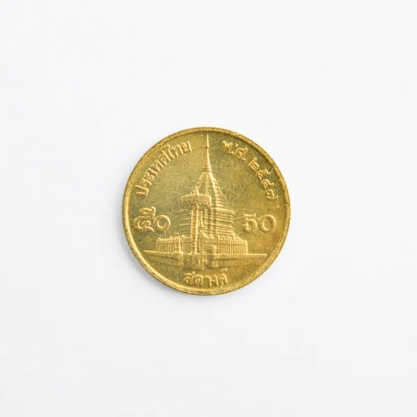 Назад Бат Тайських Монет Гроші Тайської Монети Білому Тлі — стокове фото
