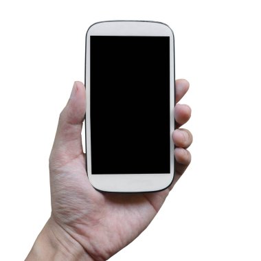 Cep telefonu elinde, siyah ekran, beyaz telefon.
