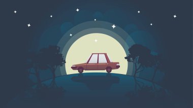 Dolunay vektör çiziminde bir araba tepenin üzerinden geçiyor.