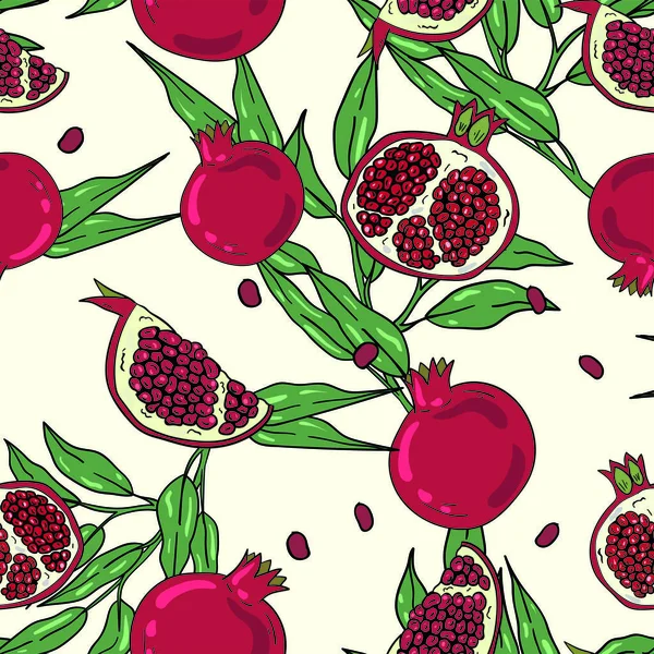 Seamless Vector Pattern Pomegranate Branch Leaves White Background Wallpaper Fabric — Stock Vector