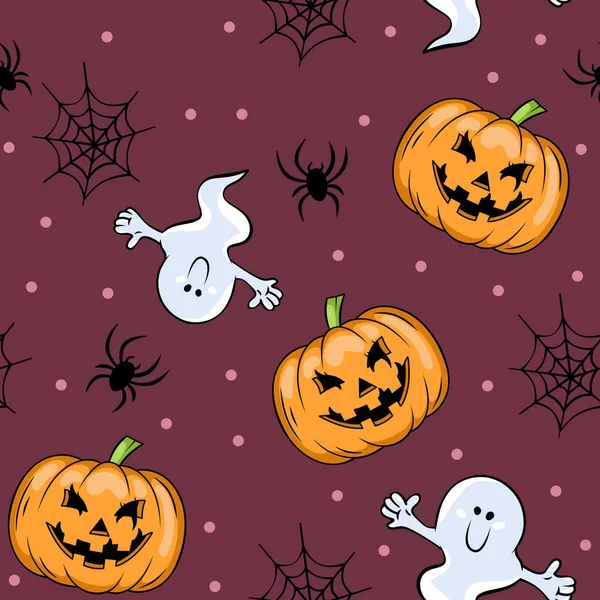 Halloween Pattern Spooky Pumpkin Black Spider Burgundy Background Seamless Pattern — Stock Photo, Image