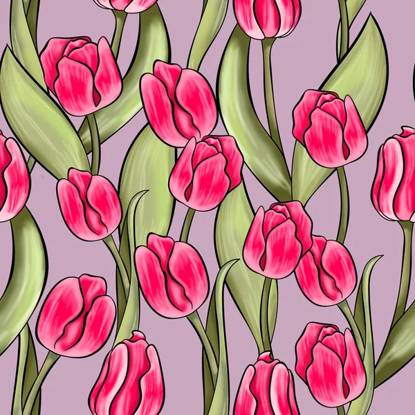 Pink tulips seamless pattern. Pink and grey background. For fabric design and wallpaper. Wrapping paper pattern. Spring bouquet. Good for printing.