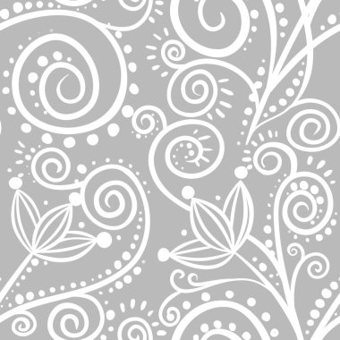 Gri arka planda beyaz çiçek soyutlaması olan kusursuz bir desen. Kumaş ve duvar kağıdı tasarımı için. Beyaz çiçekler. Baskı için iyi. Kağıt deseni paketleniyor.