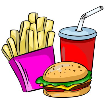 Beyaz arka planda patates kızartması, burger ve kola renkleri. Boyama fikirleri. Kartpostal ve logo fikirleri. Baskı için iyi. İzole gıda çizimi.