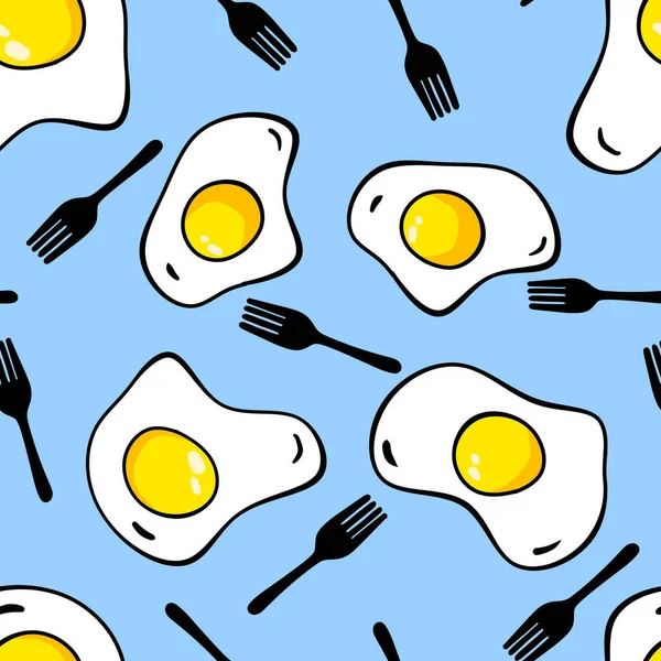 Seamless pattern with fried eggs and forks. Wallpaper idea. Blue background. For fabric design. Wrapping paper design. Good for printing. Cute design.