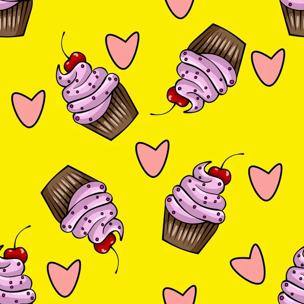 Seamless pattern with cakes and cherries and hearts on a yellow background. Fabric and wallpaper design. Good for printing. Wrapping paper pattern.