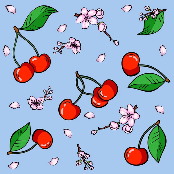 Seamless Pattern Cherries Blossoms Blue Background Fabric Wallpaper Design Wrapping — Stock Photo, Image