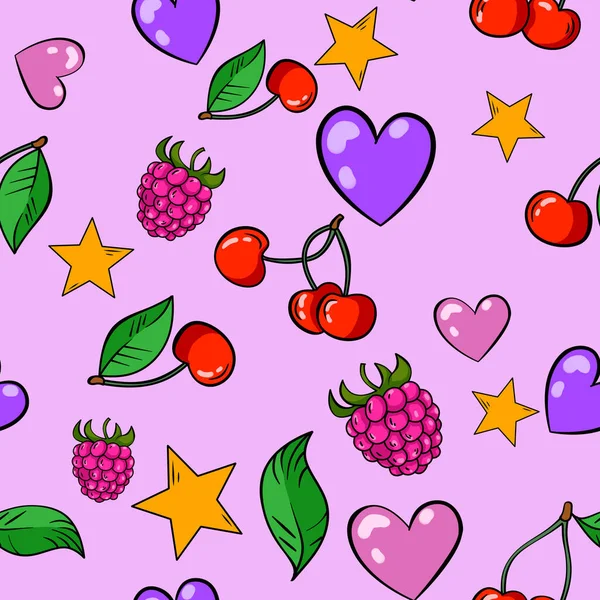 无缝隙图案 有樱桃 覆盆子 叶子和星星 背景是粉红色的 壁纸和织物的设计 包装纸样 很适合印刷带有水果的可爱花纹 — 图库照片#
