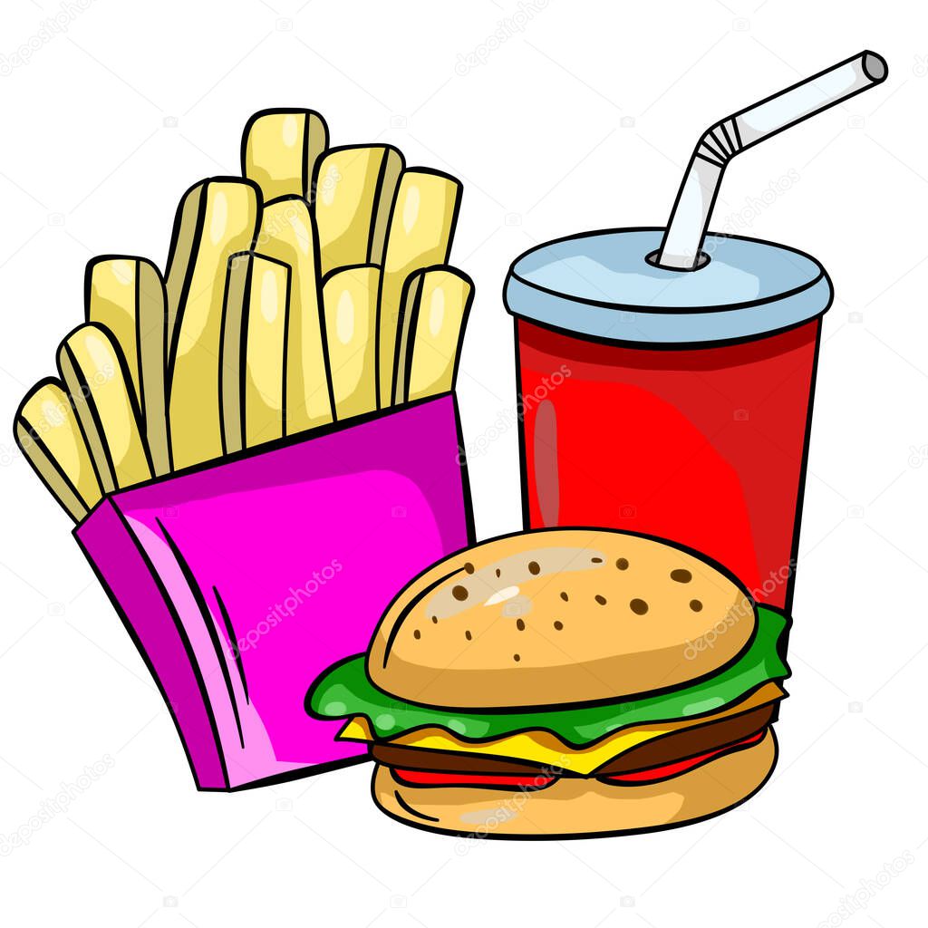 Color illustration with french fries, burger and cola on white background. Coloring ideas. Postcard and logo ideas. Good for printing. Isolated food illustration.
