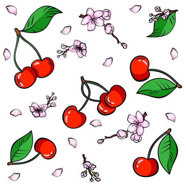 Seamless Pattern Cherries Flowers Leaves White Background Wrapping Paper Pattern — Stock Photo, Image
