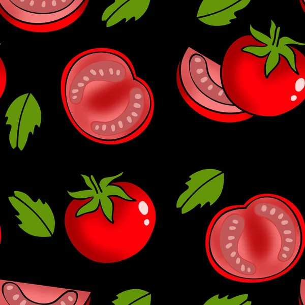 无缝图案 黑色背景上有一组西红柿 壁纸和织物的设计 很适合印刷蔬菜 罗勒和沙拉 布料印刷 — 图库照片#